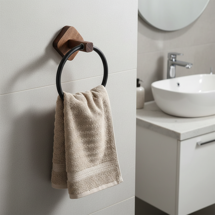 Wall-mounted towel ring with natural wood and aluminum accent, perfect for modern bathroom decor.