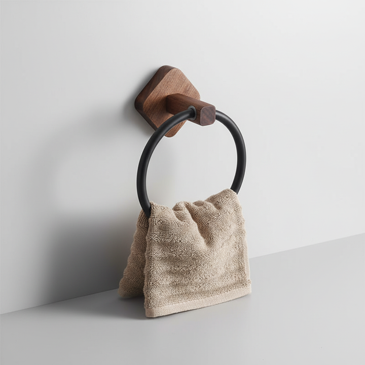 Scandinavian style wall-mounted towel ring, WoodenHalo design, adds modern touch to any bathroom.