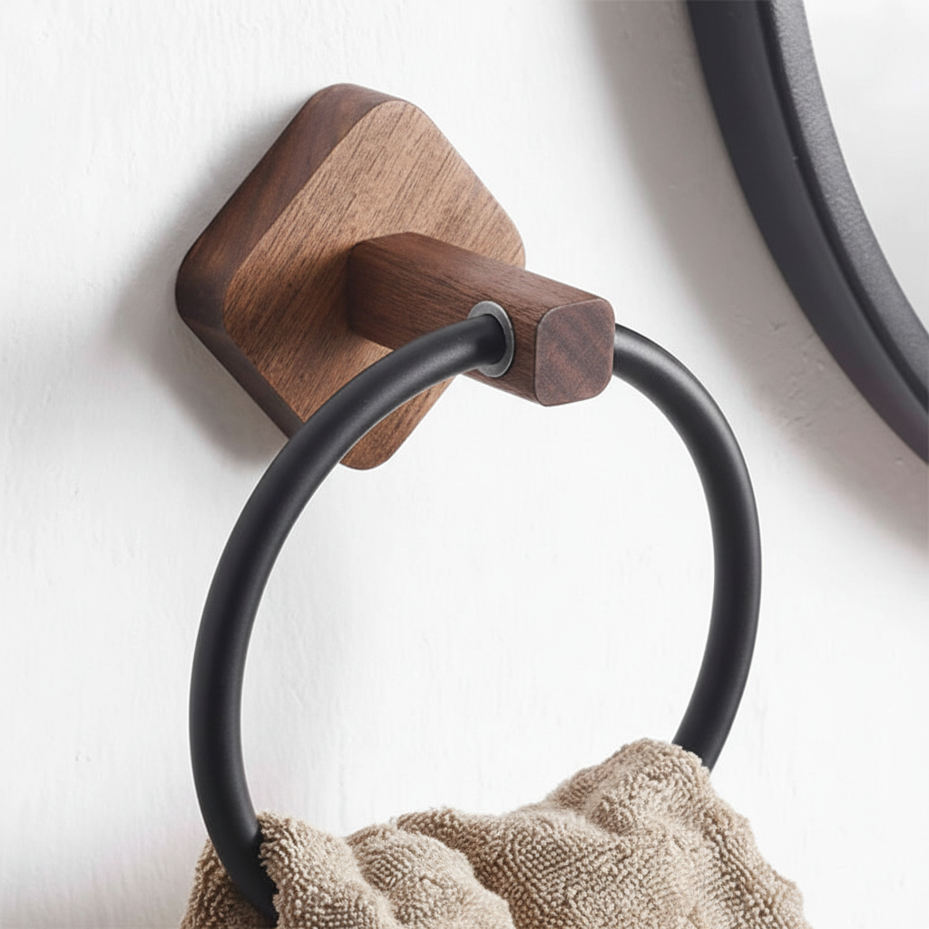 Elegant wood and aluminum towel ring, wall-mounted for bathroom organization and bath storage.