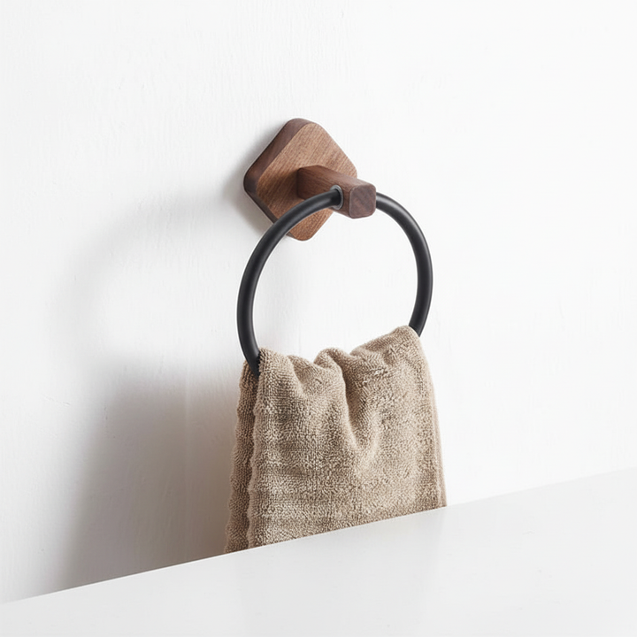 WoodenHalo wall towel ring, a stylish wood and aluminum accent for contemporary bathroom decor.
