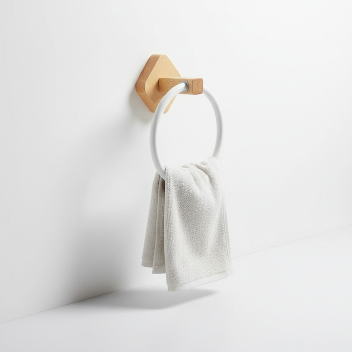 Round wall-mounted towel ring, combines durable aluminum with a warm wooden accent.