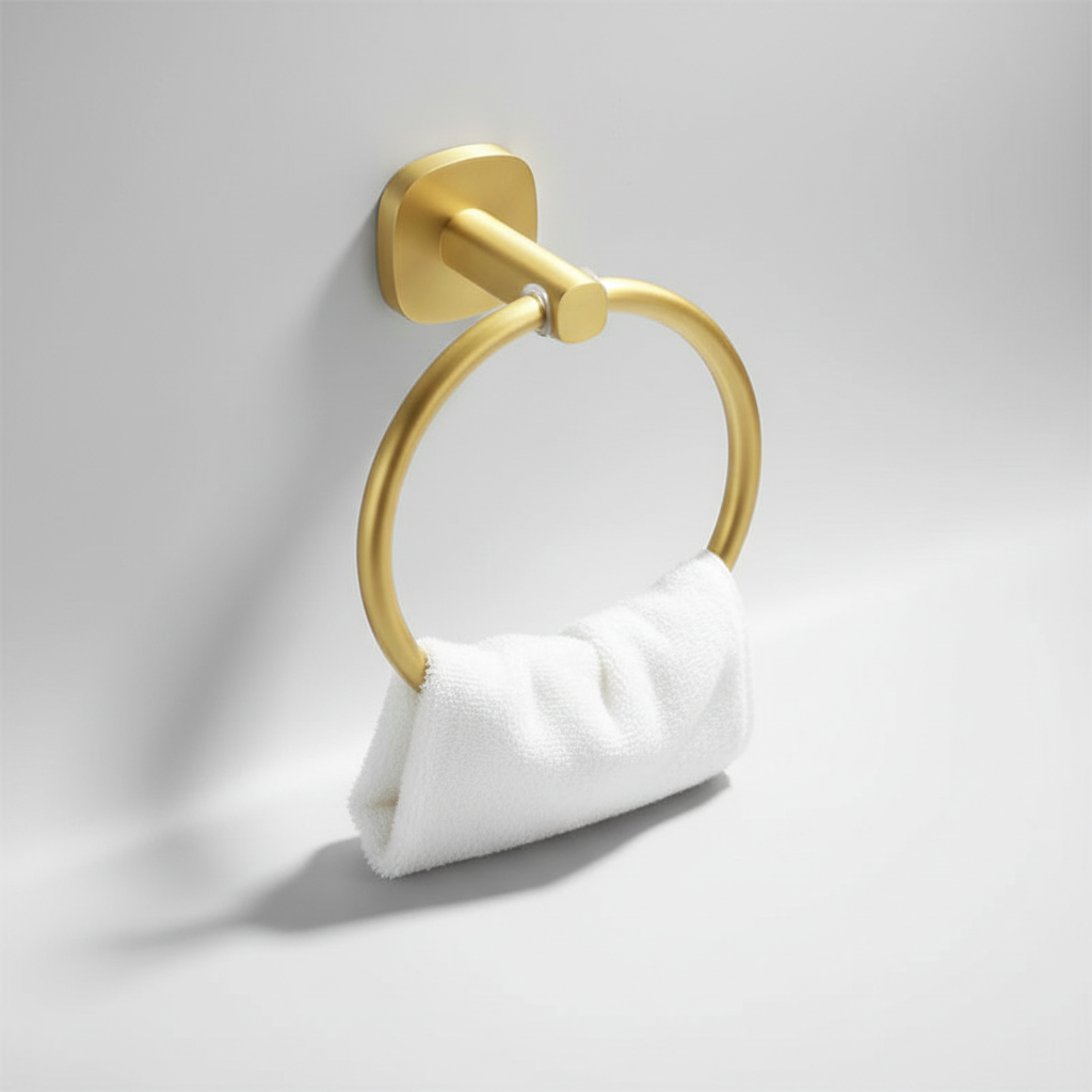 Wall-mounted WoodenHalo towel ring, blending wood and aluminum for a clean, modern bathroom look.