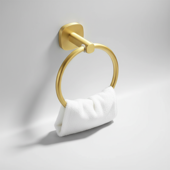 Wall-mounted WoodenHalo towel ring, blending wood and aluminum for a clean, modern bathroom look.