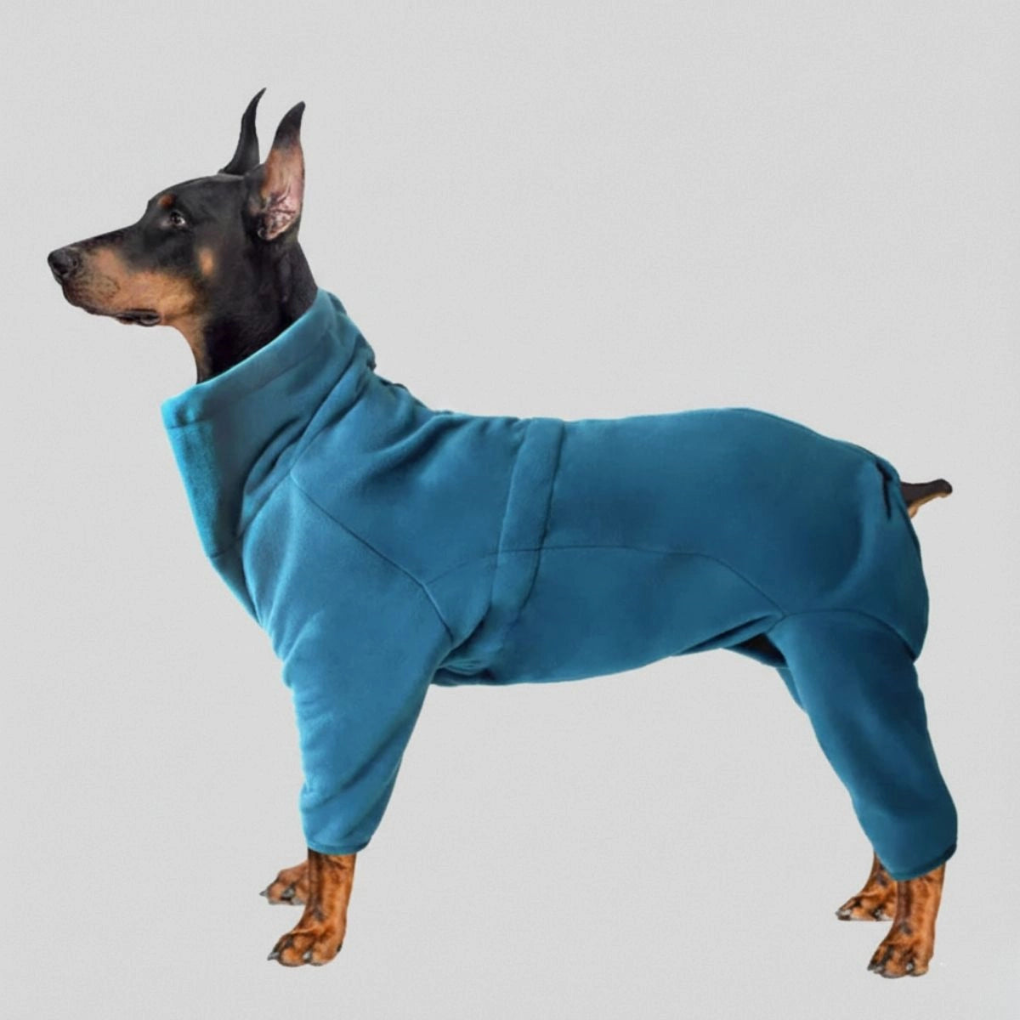 Protective full-body dog suit for winter. Essential dog gear ensuring warmth & comfort for outdoor activities in cold weather.