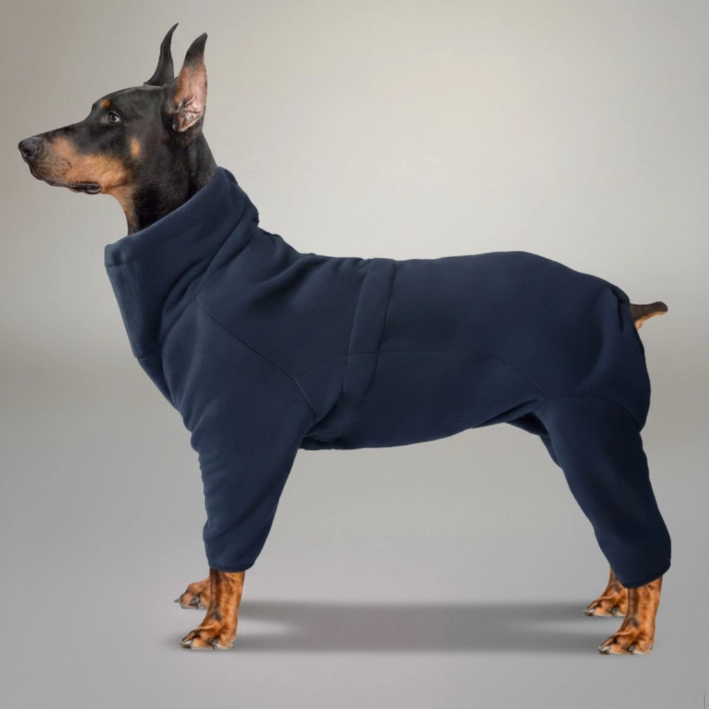 Happy dog in a cozy full-body winter suit. Warm dog clothing & pet apparel designed for ultimate comfort & cold weather protection.