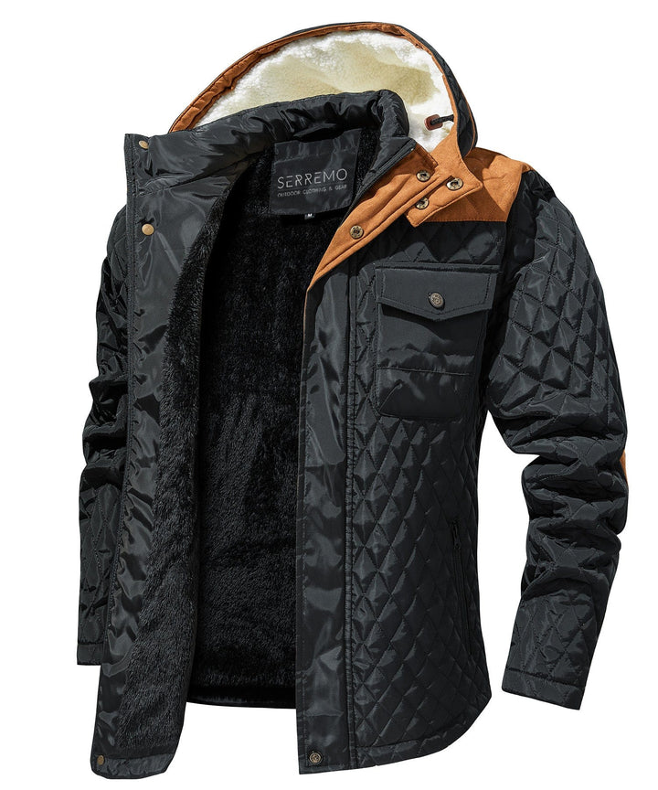 Back view of a rugged men's black sherpa-lined winter jacket, ideal for warmth and style