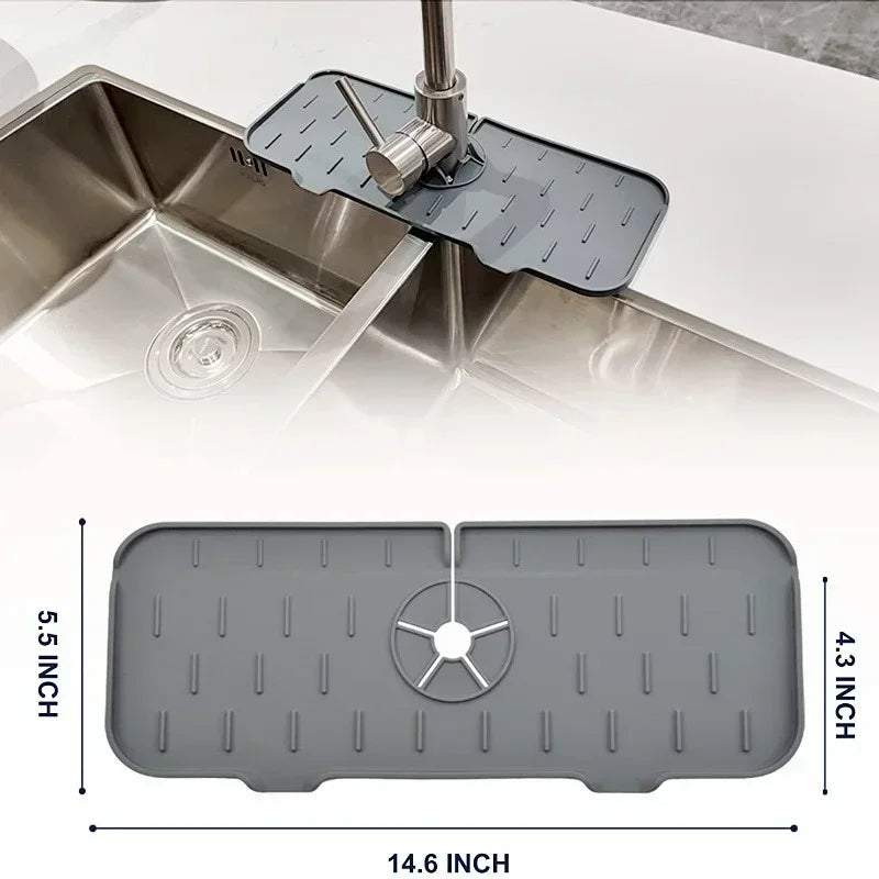 "Water-resistant silicone sink splash guard with sleek design, quick-drain feature, and organized soap and sponge storage."