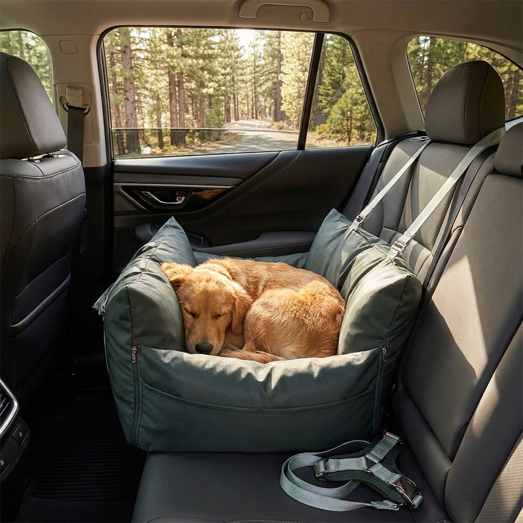 Waterproof dog car seat bed, comfy & safe for travel. Protects car seats, keeps pets secure.