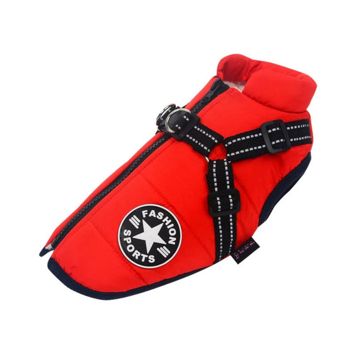 Premium waterproof dog vest with harness, ensuring comfort and safety in harsh winter elements.