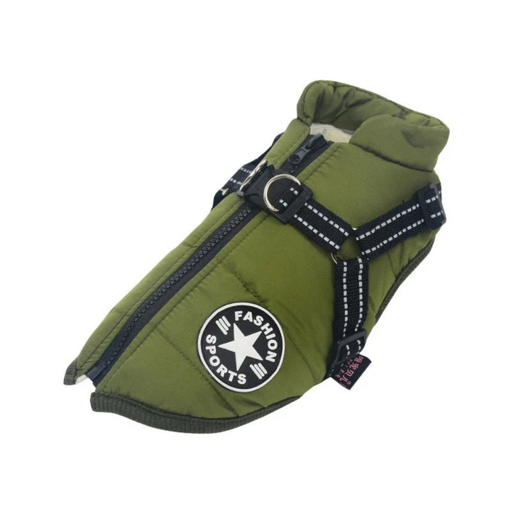 Outdoor dog apparel: waterproof coat, built-in harness, great for cold winter walks and adventures.
