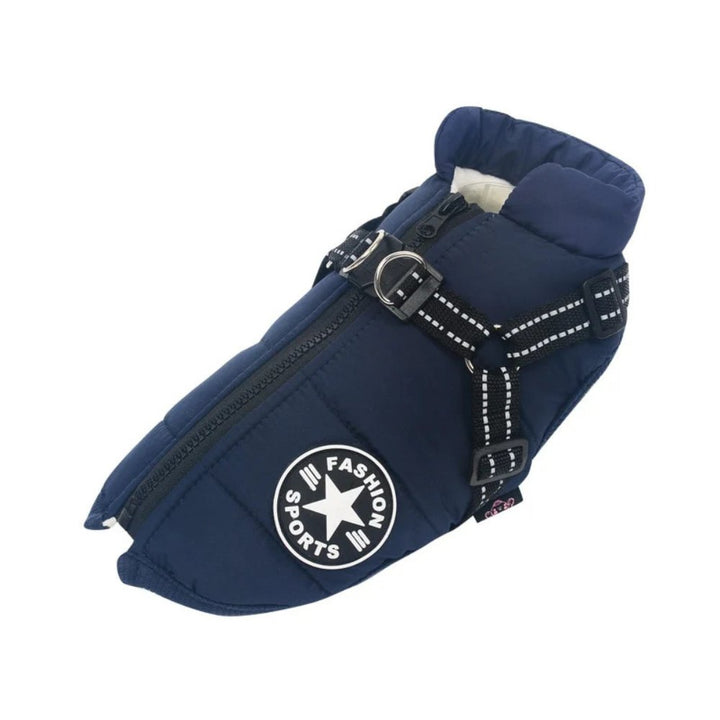 Practical dog coat with built-in harness, offering ultimate waterproof protection and warmth for pets.