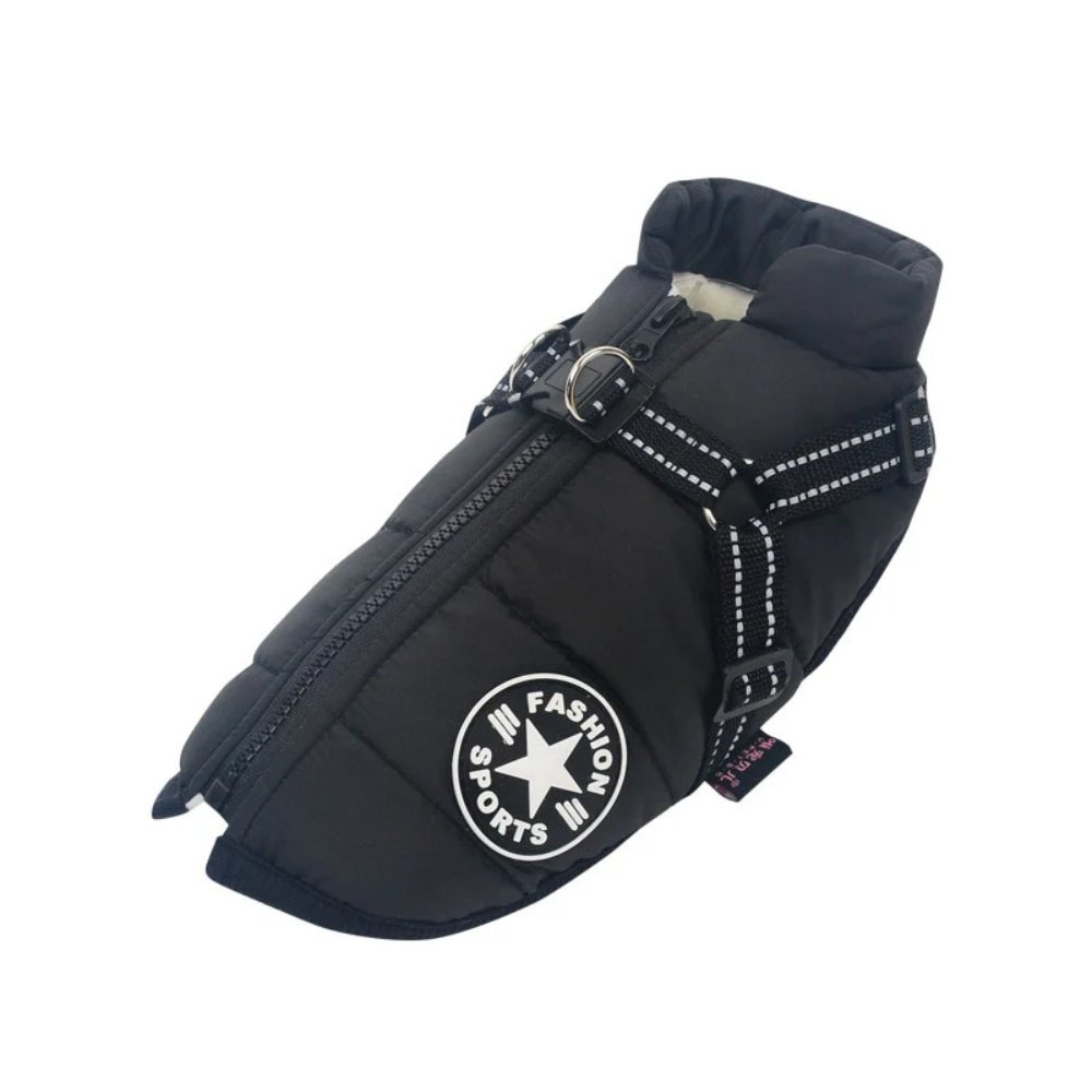 Heavy-duty waterproof dog coat for ultimate rain and snow protection, includes a strong harness.