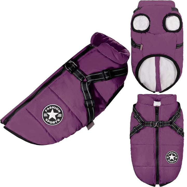 Adventure-ready dog coat: waterproof fabric, warm lining, and secure built-in harness for safety.