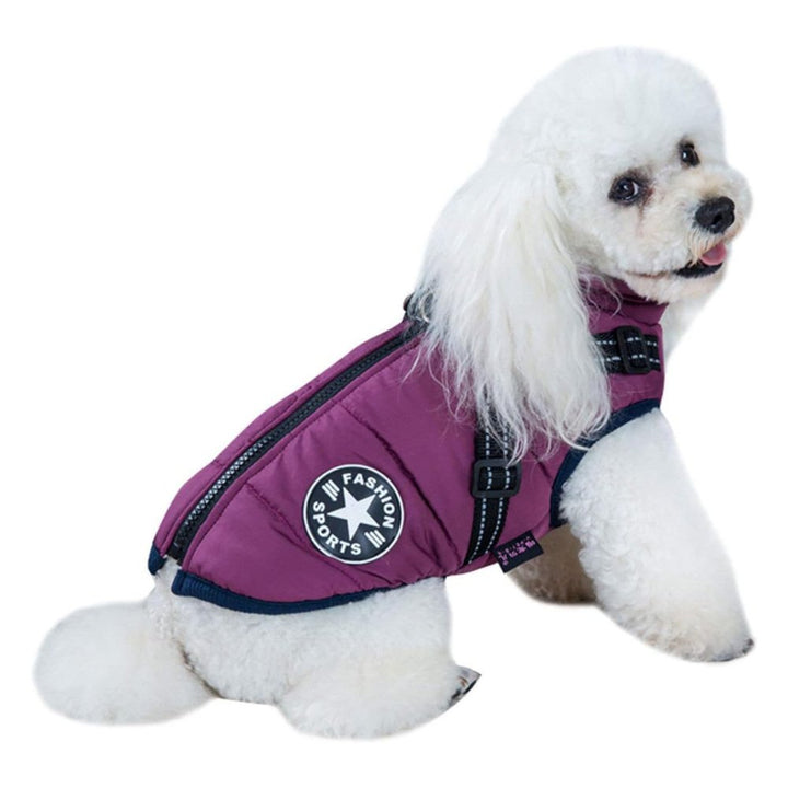 Keep your dog dry and secure with this waterproof winter coat featuring a convenient built-in harness.
