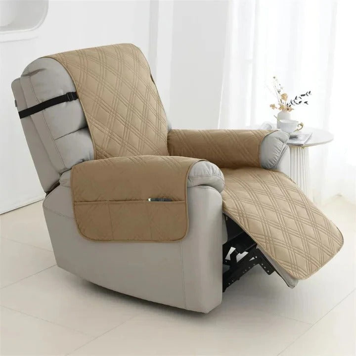 Waterproof quilted recliner slipcover with non-slip straps. Protects furniture from spills & pets. Machine washable.