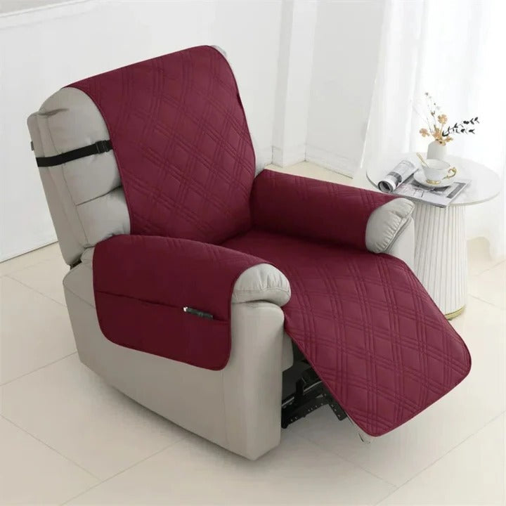 Quilted waterproof recliner slipcover with adjustable non-slip straps. Essential furniture protector for armchairs.