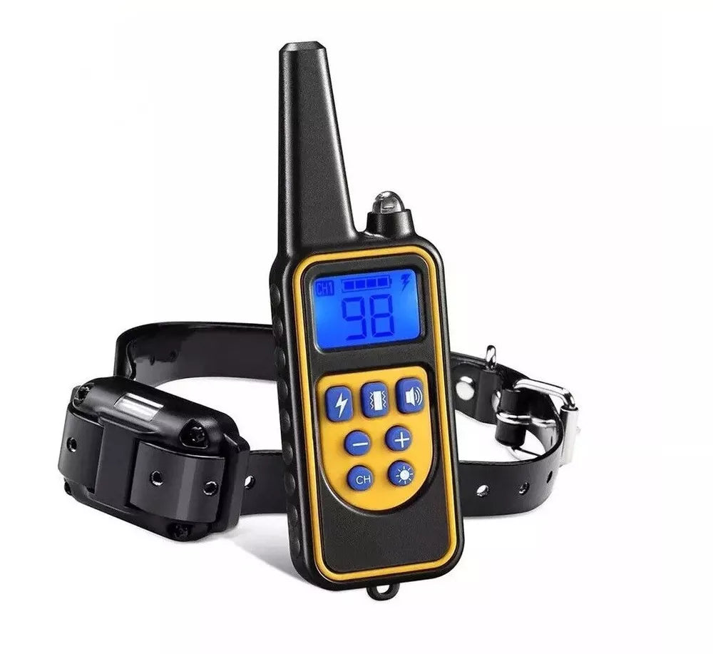 Waterproof remote dog training collar with 2600ft range for obedience training. Features shock, vibration, and sound.