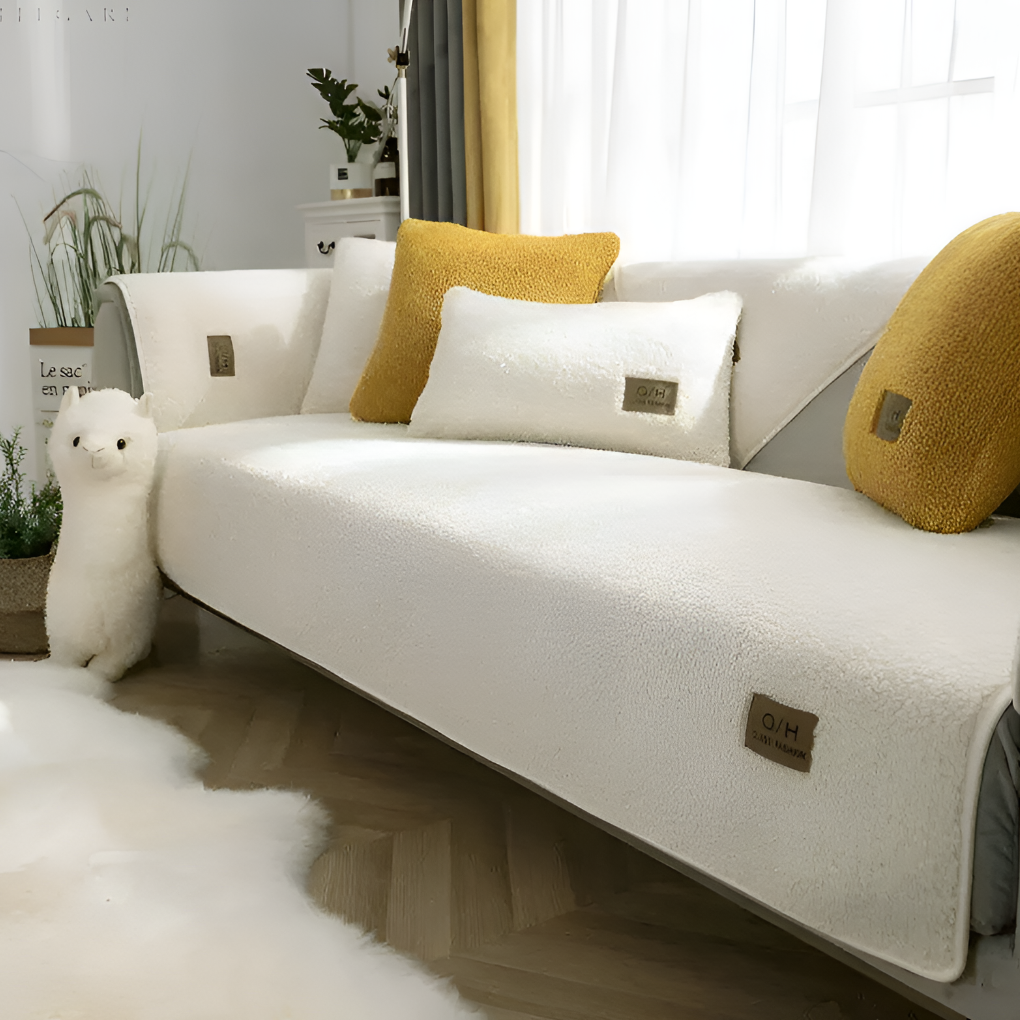 Plush sherpa fleece sofa cover, waterproof & non-slip, ideal pet-friendly furniture protector for living room.