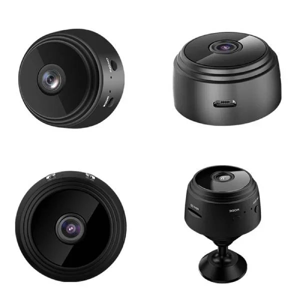 Waterproof wireless RV backup camera, 360° rotation, black with infrared LEDs, mounted on metal surface, enhancing safety.