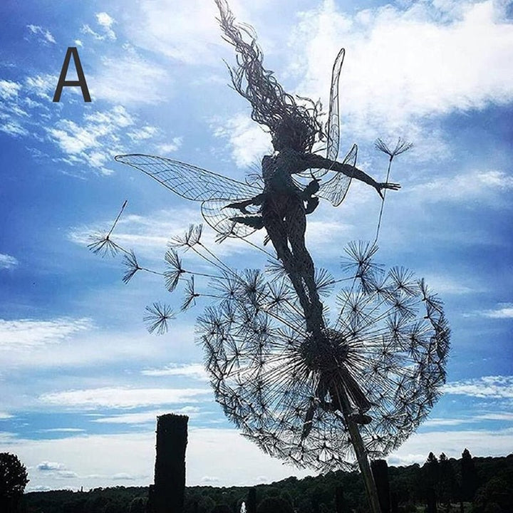 Whimsical dancing fairy garden stake, metal sculpture for charming outdoor decor & yard art.