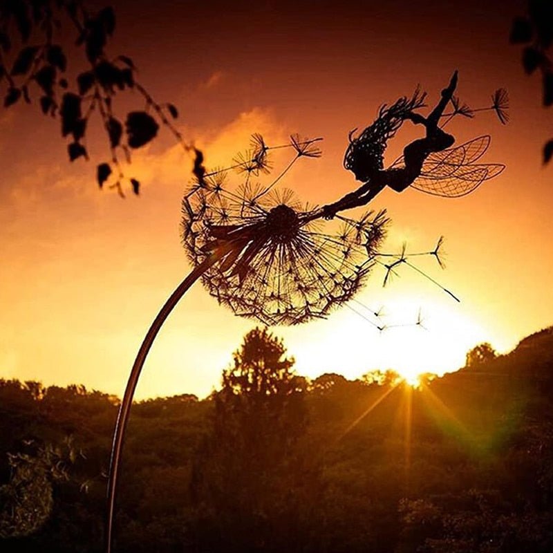 Enchanting dancing fairy metal garden stake, fantasy outdoor accent for whimsical yard art.