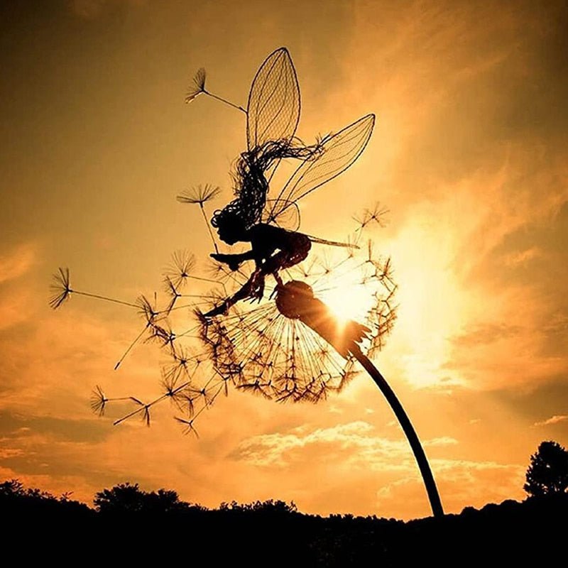 Whimsical dancing fairy wind spinner garden stake, metal outdoor decor for charming patio accent.