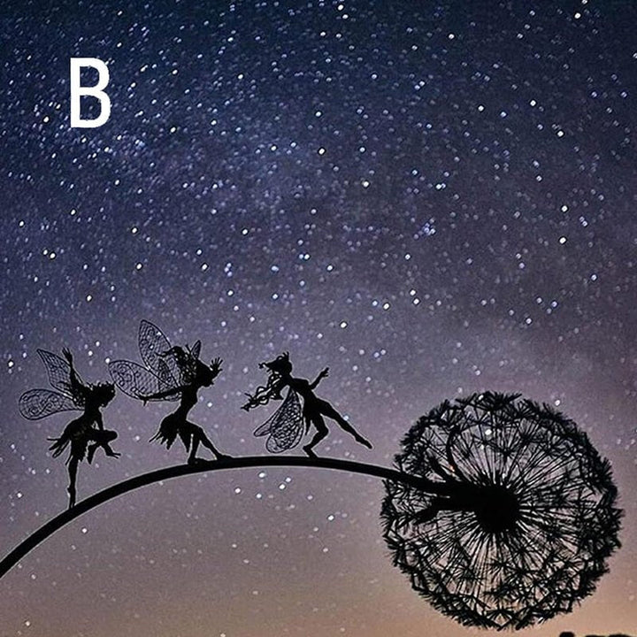Artistic dancing fairy metal garden stake, durable outdoor ornament for whimsical garden charm.