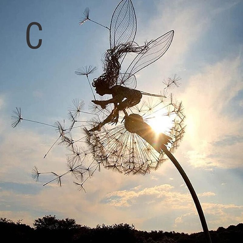 Whimsical dancing fairy metal garden stake, charming outdoor ornament for fantasy yard & patio decor.
