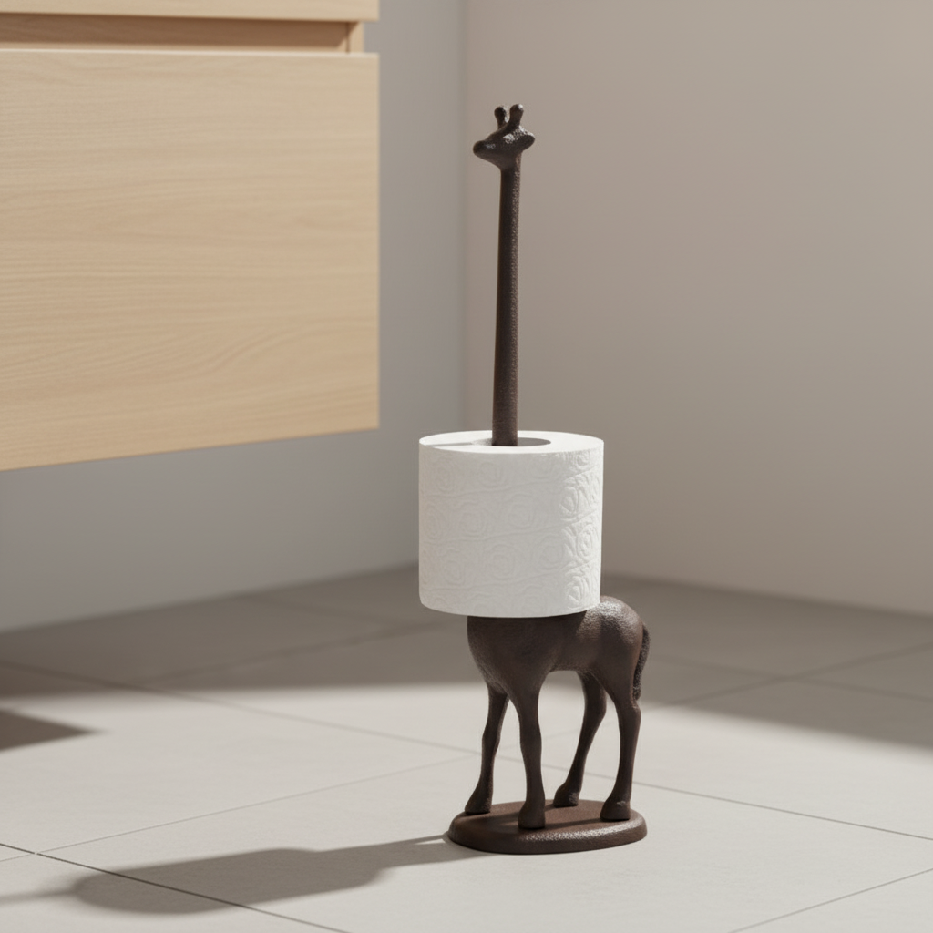 Whimsical giraffe toilet paper holder. Freestanding cast iron animal shaped stand for rustic, boho, or safari bathroom decor.