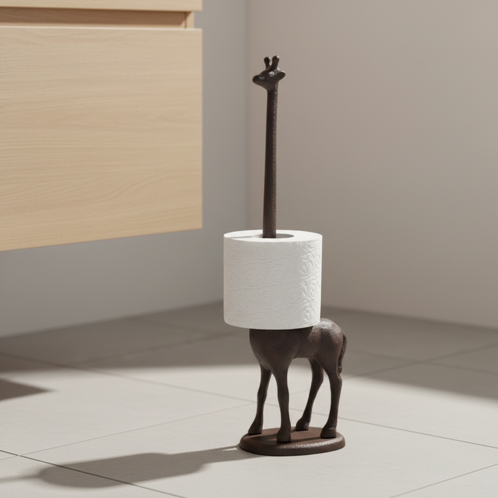 Whimsical giraffe toilet paper holder. Freestanding cast iron animal shaped stand for rustic, boho, or safari bathroom decor.