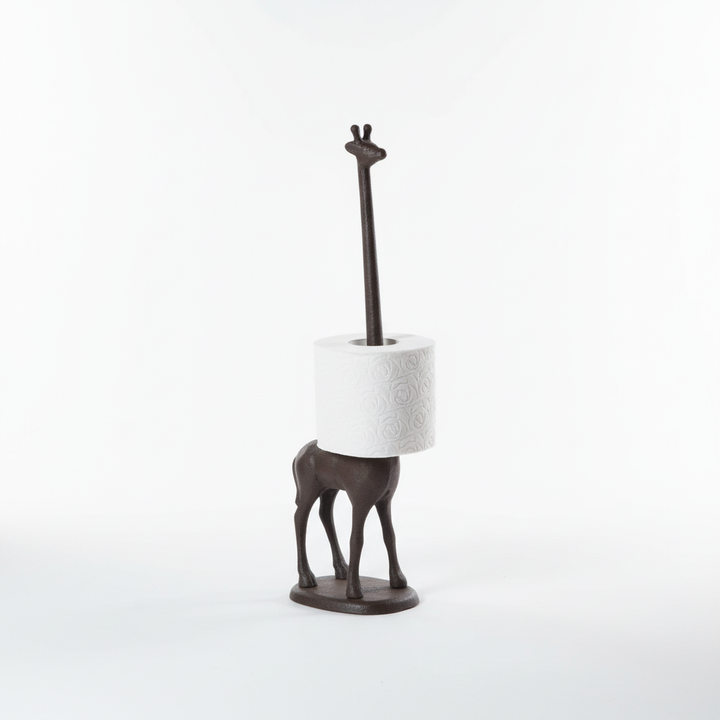 Decorative cast iron giraffe toilet paper holder. Unique animal-shaped bathroom storage, perfect for rustic or safari style.