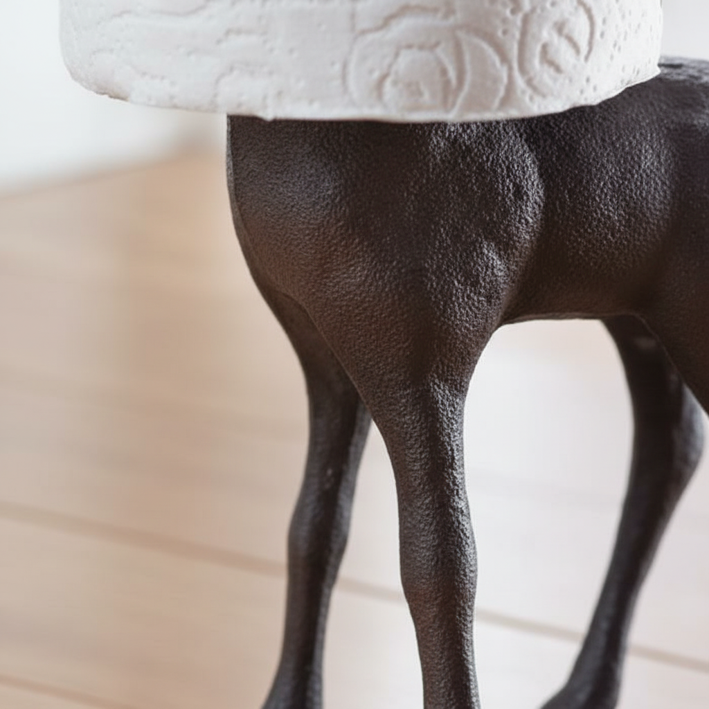 Boho giraffe toilet paper holder. Freestanding cast iron animal stand for whimsical bathroom decor and storage solutions.