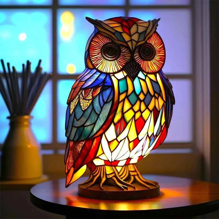Whimsical owl accent lamp, stained glass style. Unique resin table light for home decor.