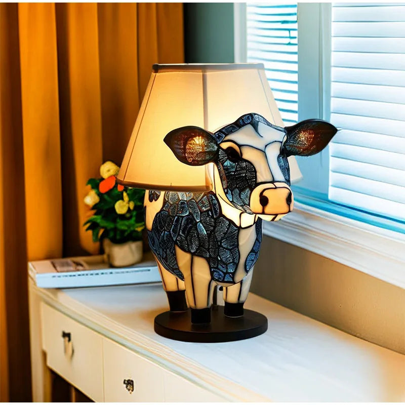Charming cow accent lamp, stained glass style. Decorative resin table lamp for home & office.