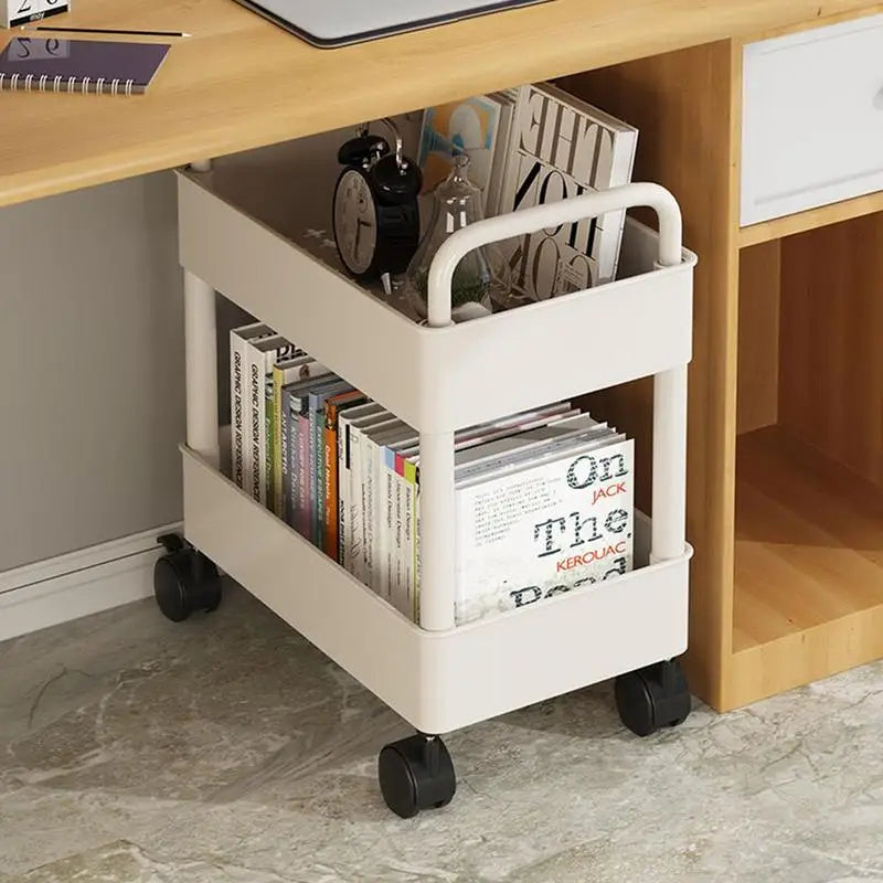 White 2-tier mobile bookshelf cart with wheels, perfect for home office or bedroom book storage.