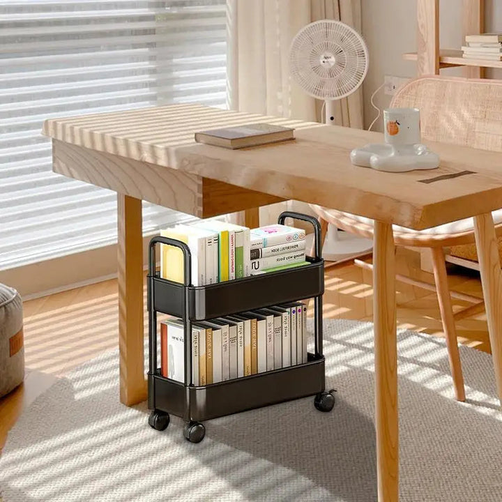 Rolling 2-tier storage organizer cart for books & essentials, ideal for small spaces like desk or bedroom.