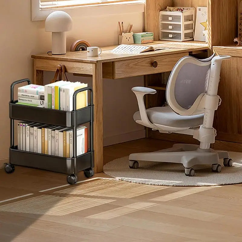 Modern mobile utility cart with 2-tiers & wheels, a versatile small space solution for books & office supplies.