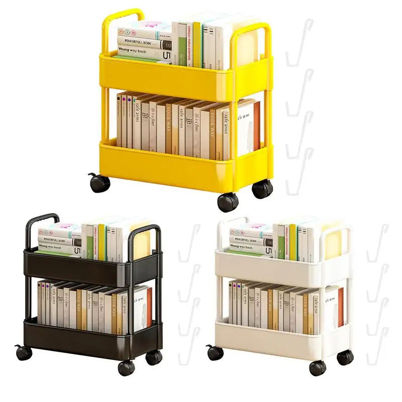 Compact 2-tier rolling bookshelf for home office; a mobile storage organizer for books, files & supplies.
