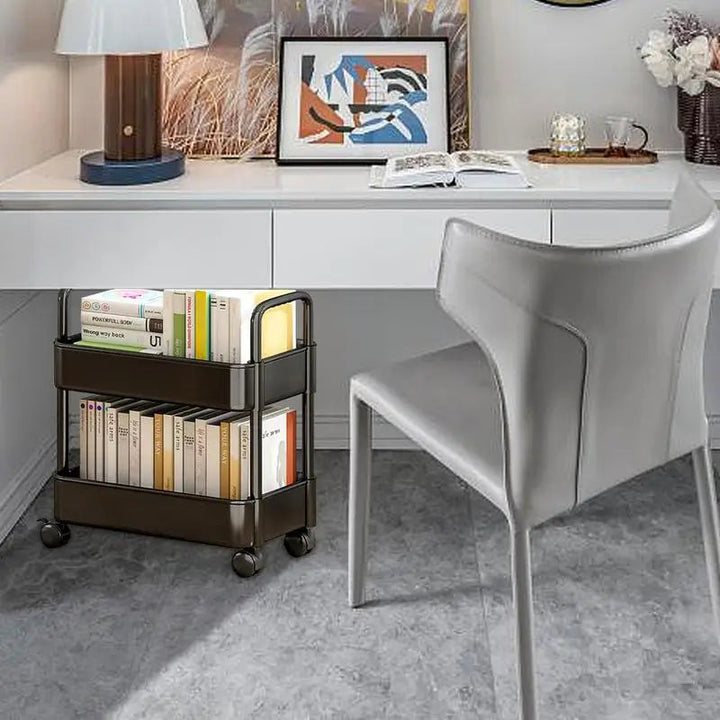 Space-saving 2-tier mobile storage organizer cart with smooth-rolling wheels for books in bedroom/office.