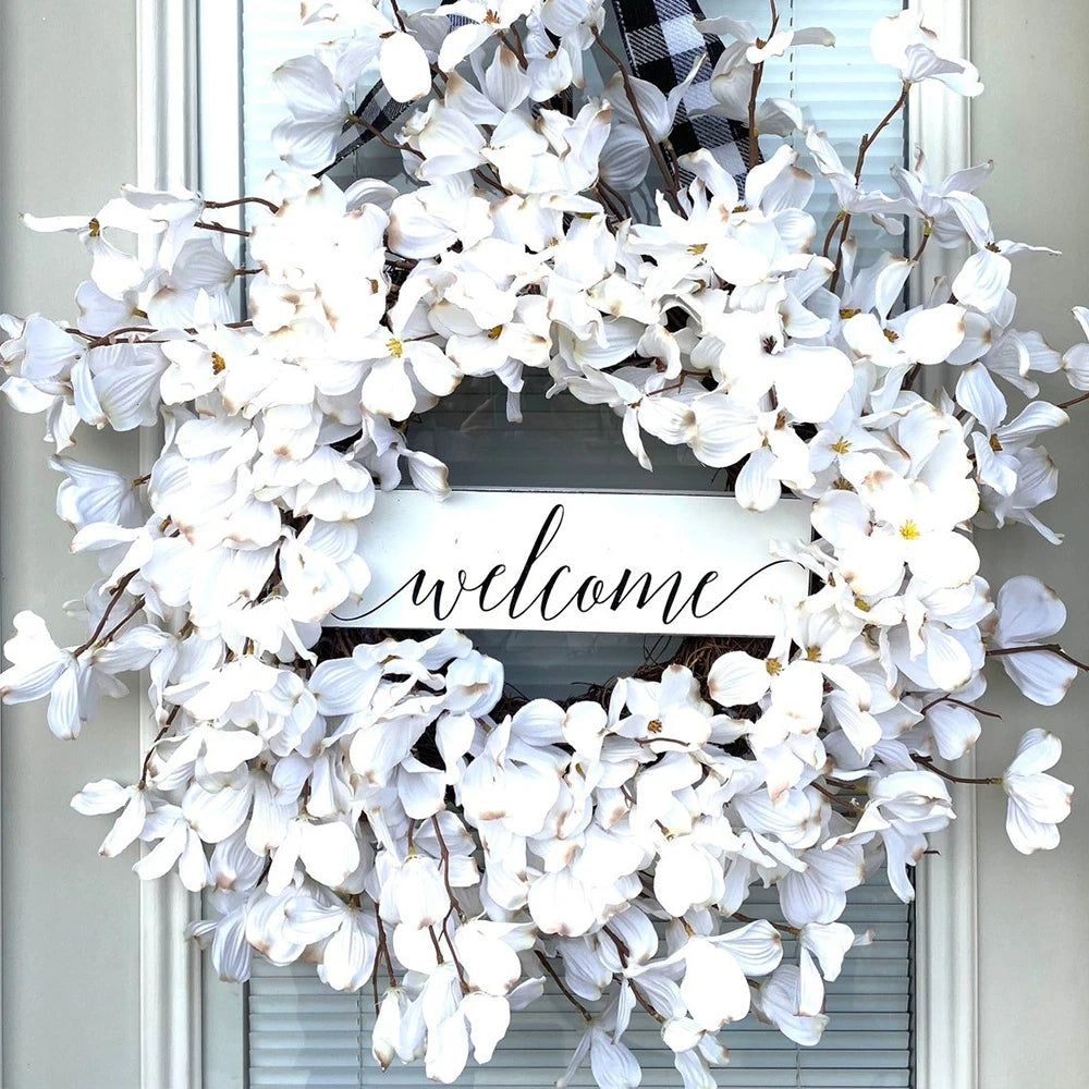 White Dogwood floral wreath for home decor, featuring realistic artificial white flowers perfect for spring, summer, or year-round.
