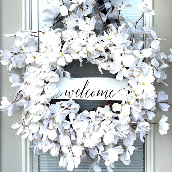 White Dogwood floral wreath for home decor, featuring realistic artificial white flowers perfect for spring, summer, or year-round.
