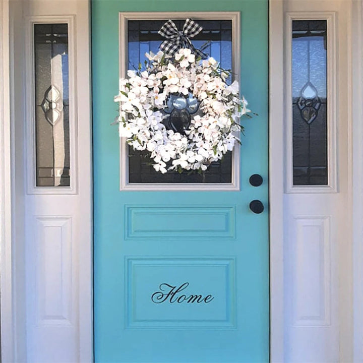Artificial white Dogwood floral wreath, ideal for entryway or wall decor, bringing a fresh, elegant touch to any home.