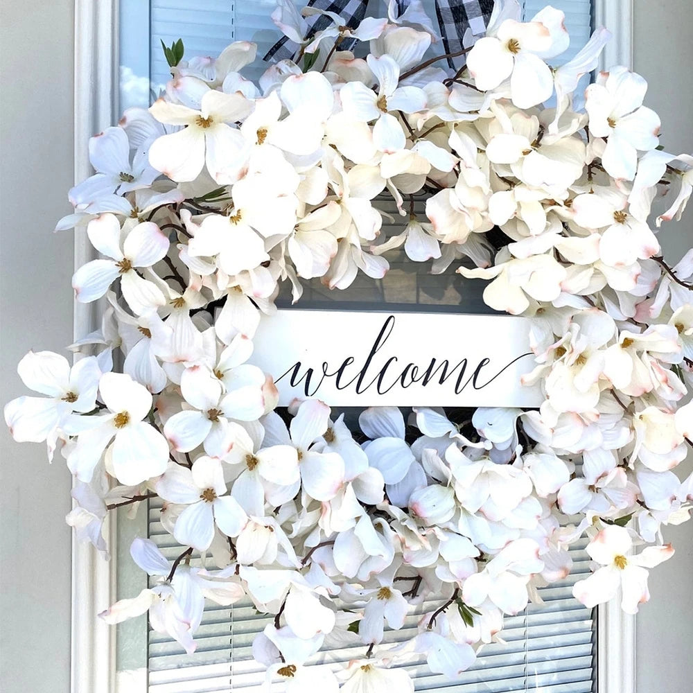Elegant TavvitaImp010 white Dogwood floral wreath with lifelike petals, great for versatile year-round home and wall decoration.