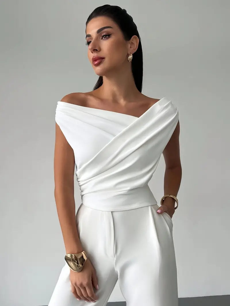 White elegant draped shoulder top for women, perfect for chic office or evening wear.