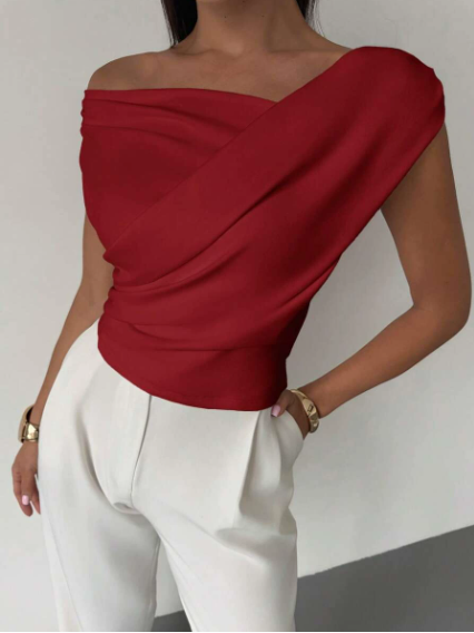 Red chic draped shoulder blouse, ideal for modern women seeking elegant style.