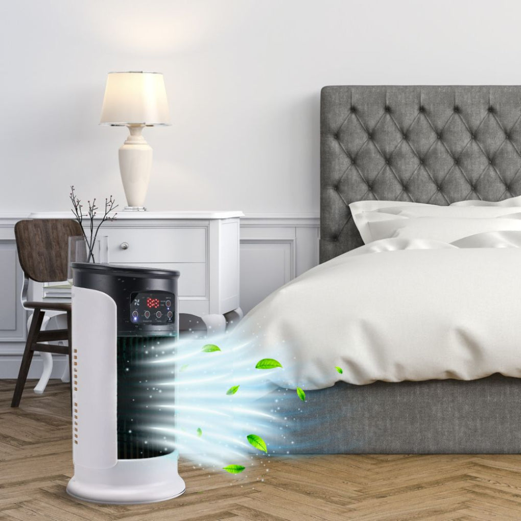 Compact mobile evaporative cooler, a windowless air conditioner for personal comfort in any room.