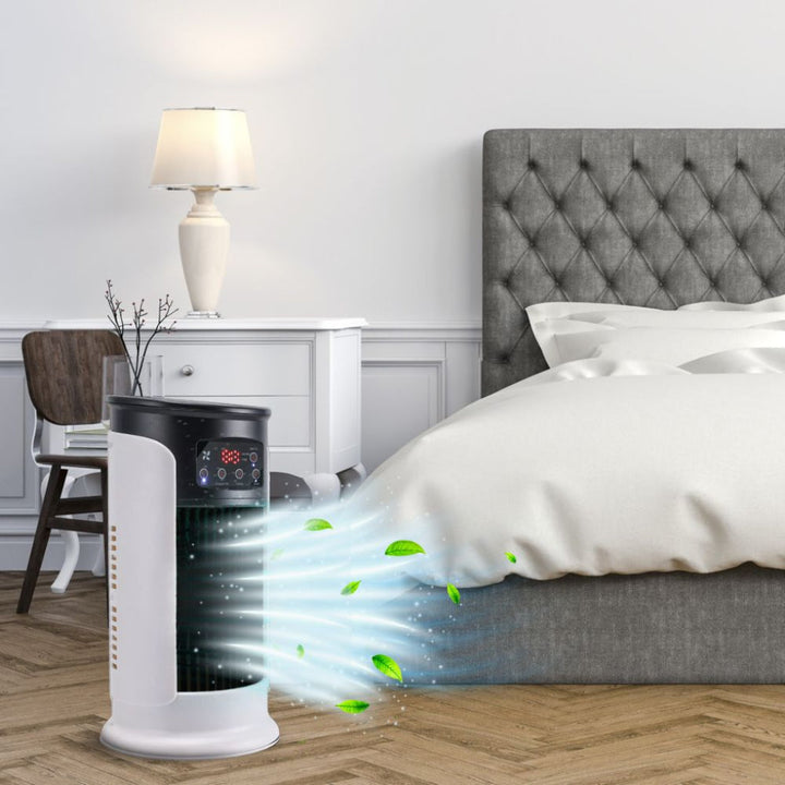 Compact mobile evaporative cooler, a windowless air conditioner for personal comfort in any room.