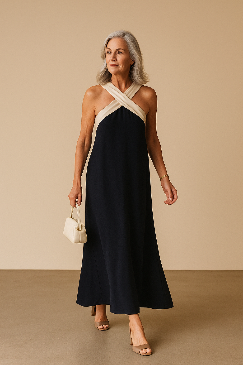 White Women's Cross-Neck A-Line Summer Dress, elegant and sleeveless, perfect for casual or vacation wear.