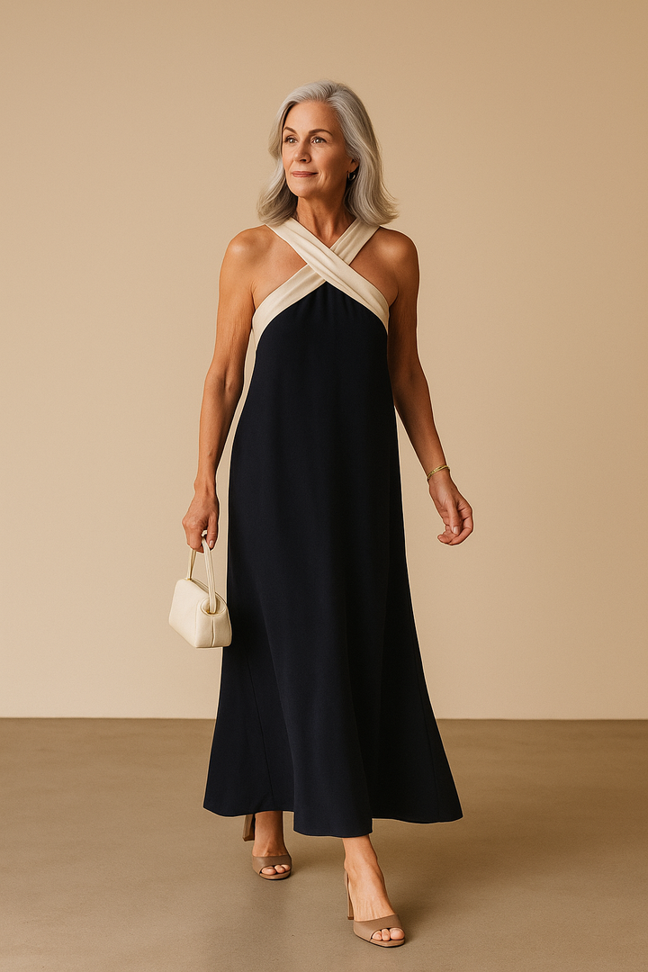 White Women's Cross-Neck A-Line Summer Dress, elegant and sleeveless, perfect for casual or vacation wear.