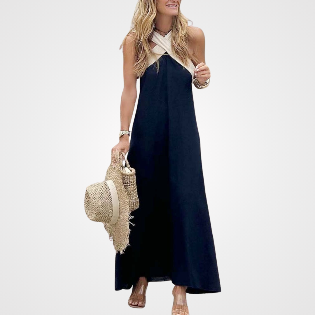 Black Women's Elegant Cross-Neck A-Line Summer Dress, versatile for parties, vacation or everyday chic style.